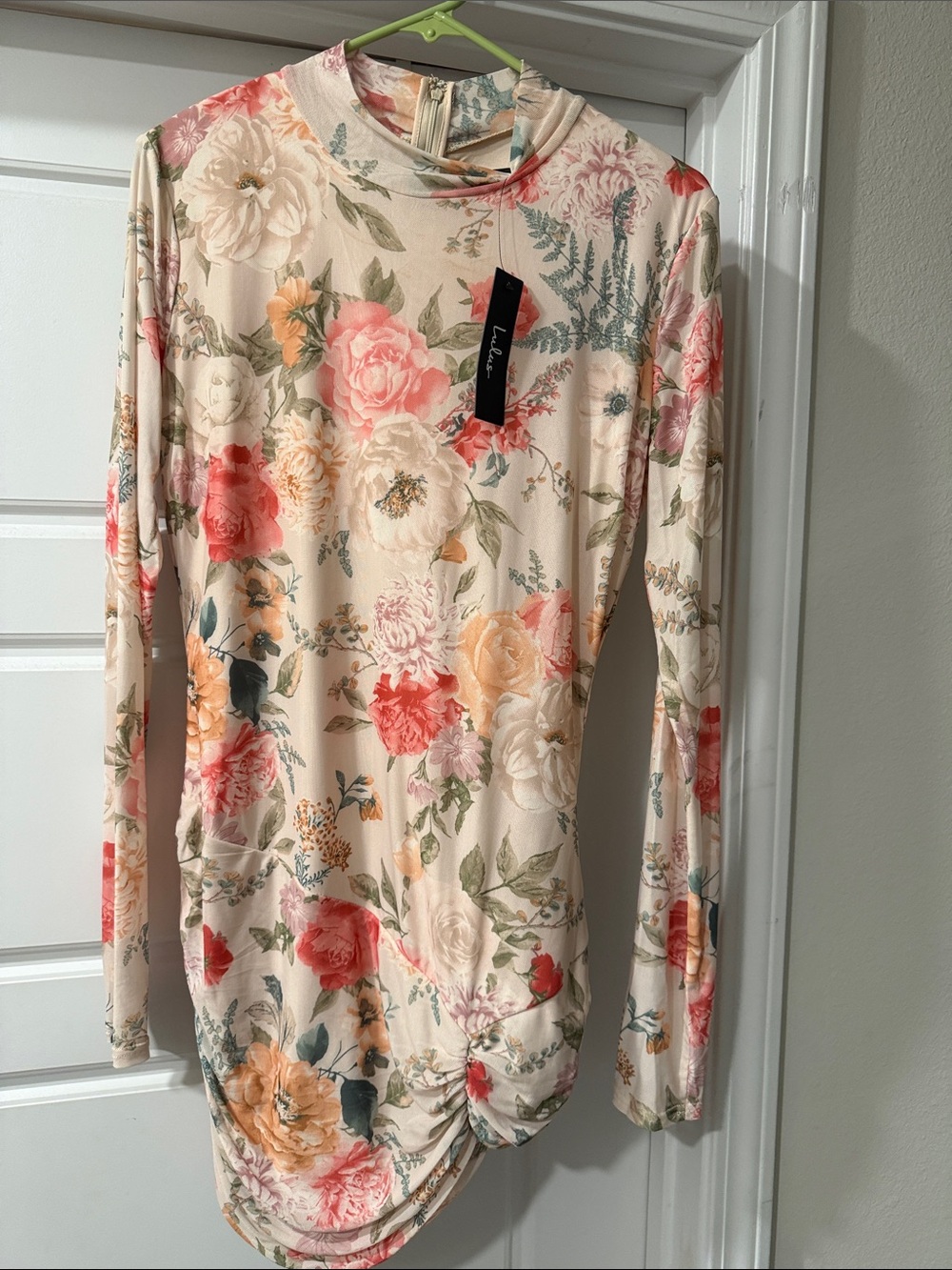 Lulu's Cream Long-Sleeve Floral Jersey Dress with Pink & Coral Blooms